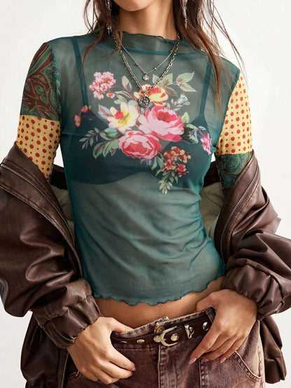 Floral Print Mesh Mock Neck Long Sleeve Top