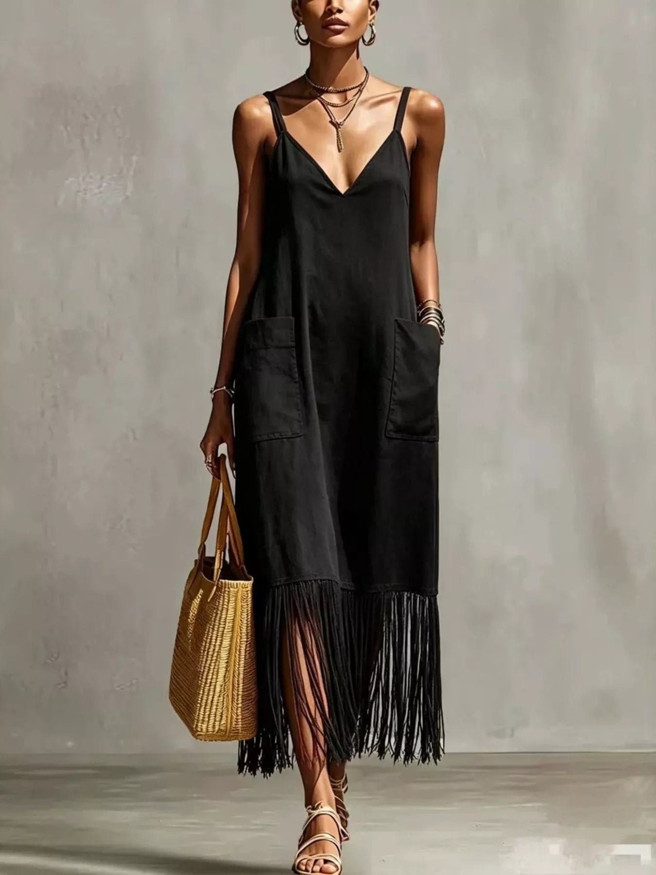 Full Size Fringe Spaghetti Strap V-Neck Dress Plus Size