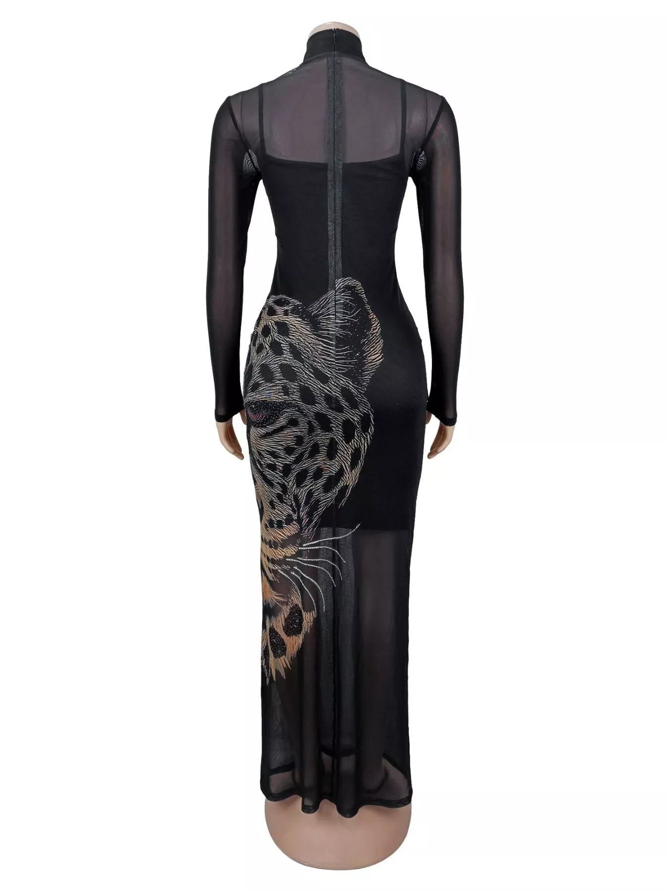 Leopard Print Mesh Long Sleeve Maxi Dress