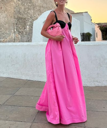 Black & Pink Color Contrast Design Maxi Dress