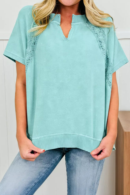 Notched Neck Lace Patchwork Detail Mineral Wash Tee