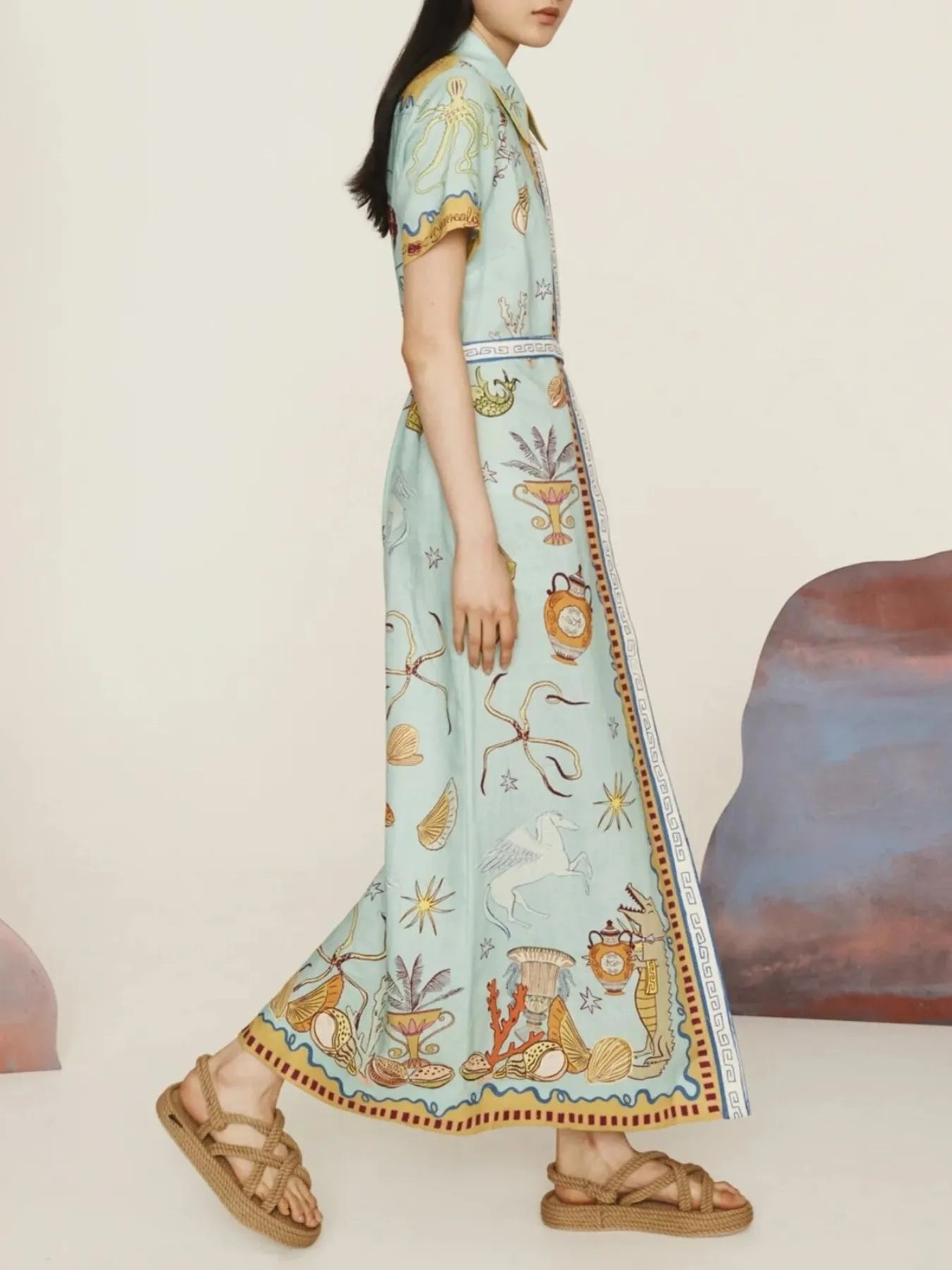 Printed Short Sleeve Maxi Shirt Dress with Belt