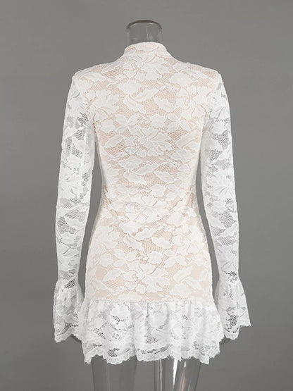 Lace Long-Sleeve Ruched Mini Dress