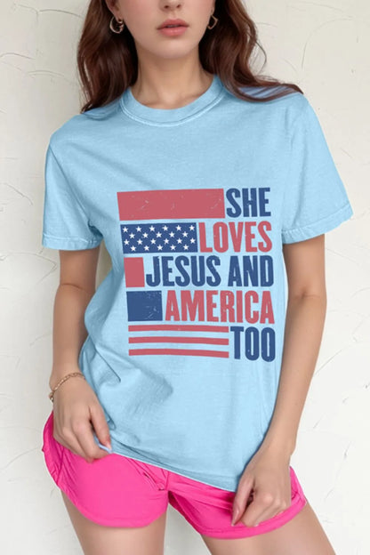 Patriotic Us Flag Round Neck Short Sleeve T-Shirt