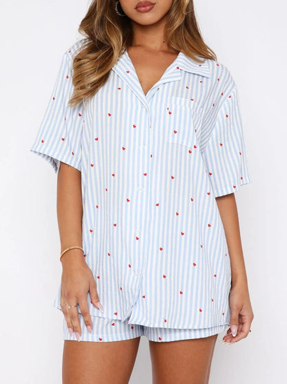 Blue Zone Planet | Valentine's Day Printed Collared Neck Short Sleeve Top And Shorts Set
