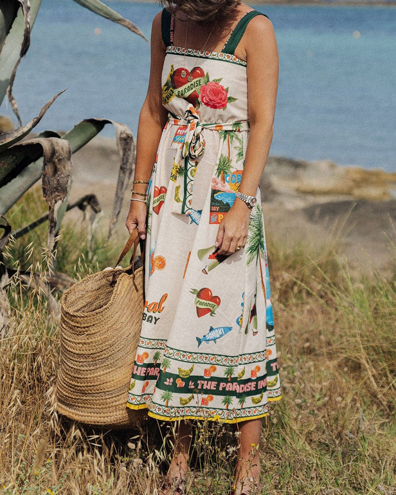 Summer strappy printed gathered dress