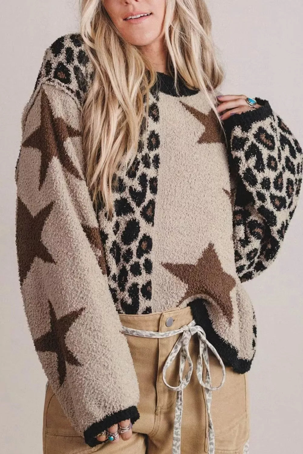 Leopard Star Pattern Round Neck Long Sleeve Shift Sweater