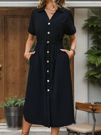 Blue Zone Planet | Eden's Slit Drawstring Button Up Short Sleeve Midi Dress