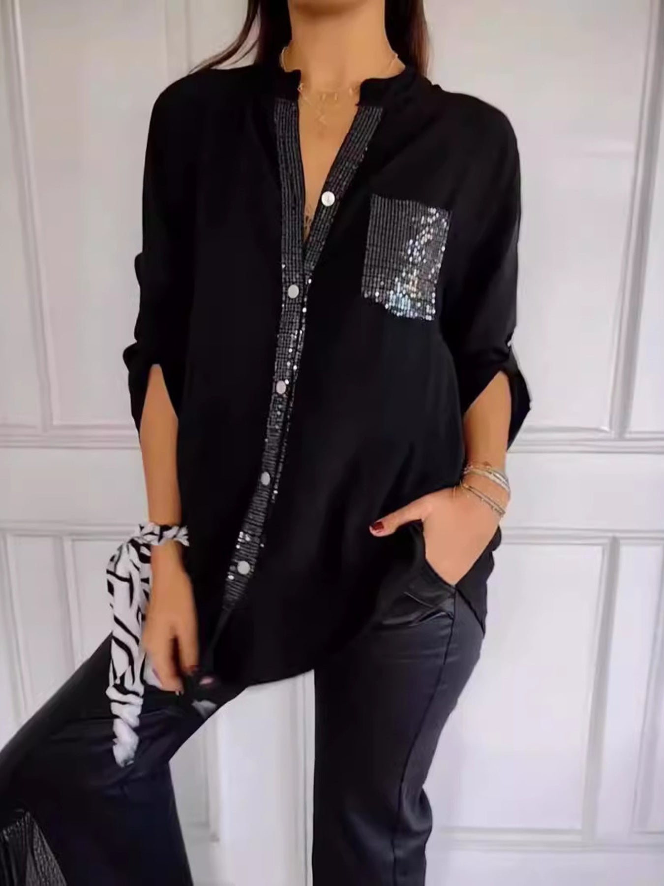 Full Size Sequin Detail Button-Down Shirt Plus Size