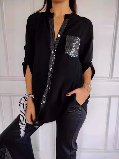 Full Size Sequin Detail Button-Down Shirt Plus Size