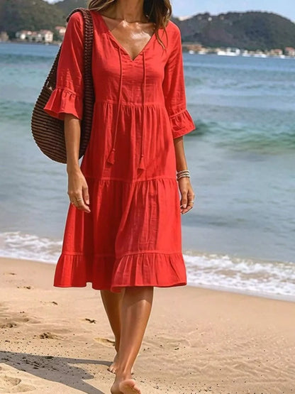 Full Size Tiered Tie Neck Flounce Sleeve Dress Plus Size