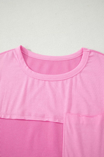 Solid Color Raw Seam Waffled Patchwork Casual T Shirt