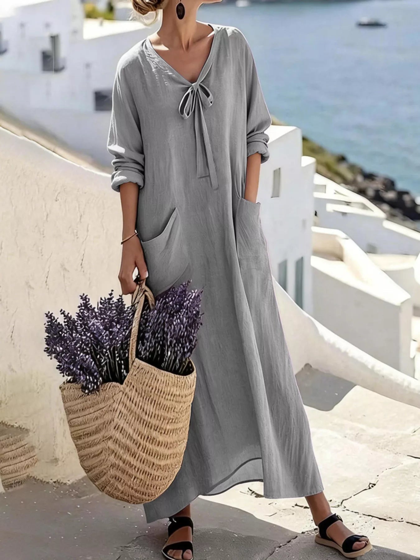 Full Size Long Sleeve Loose Maxi Dress with Pockets Plus Size
