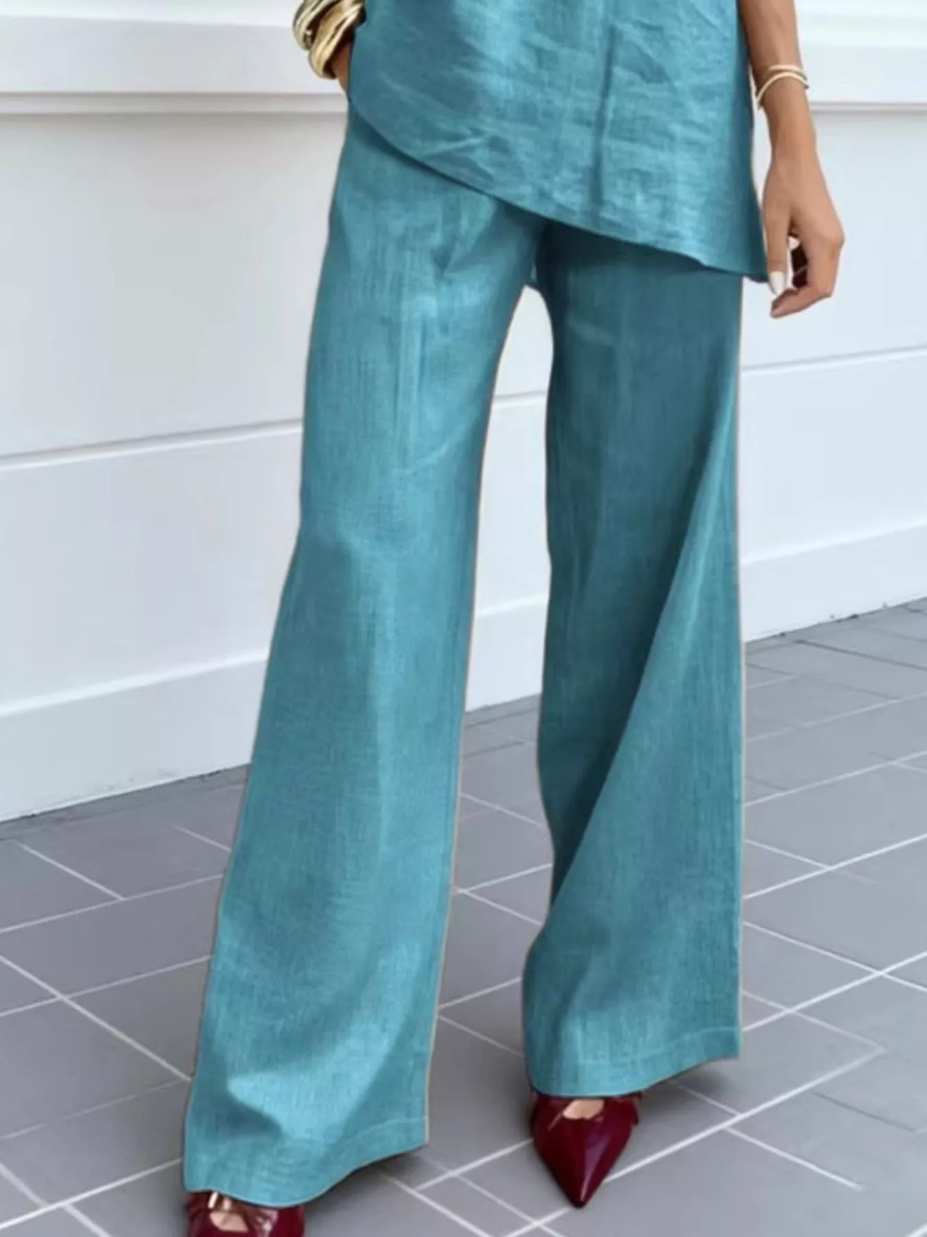 Full Size V-Neck Half Sleeve Top and Pants Set Plus Size
