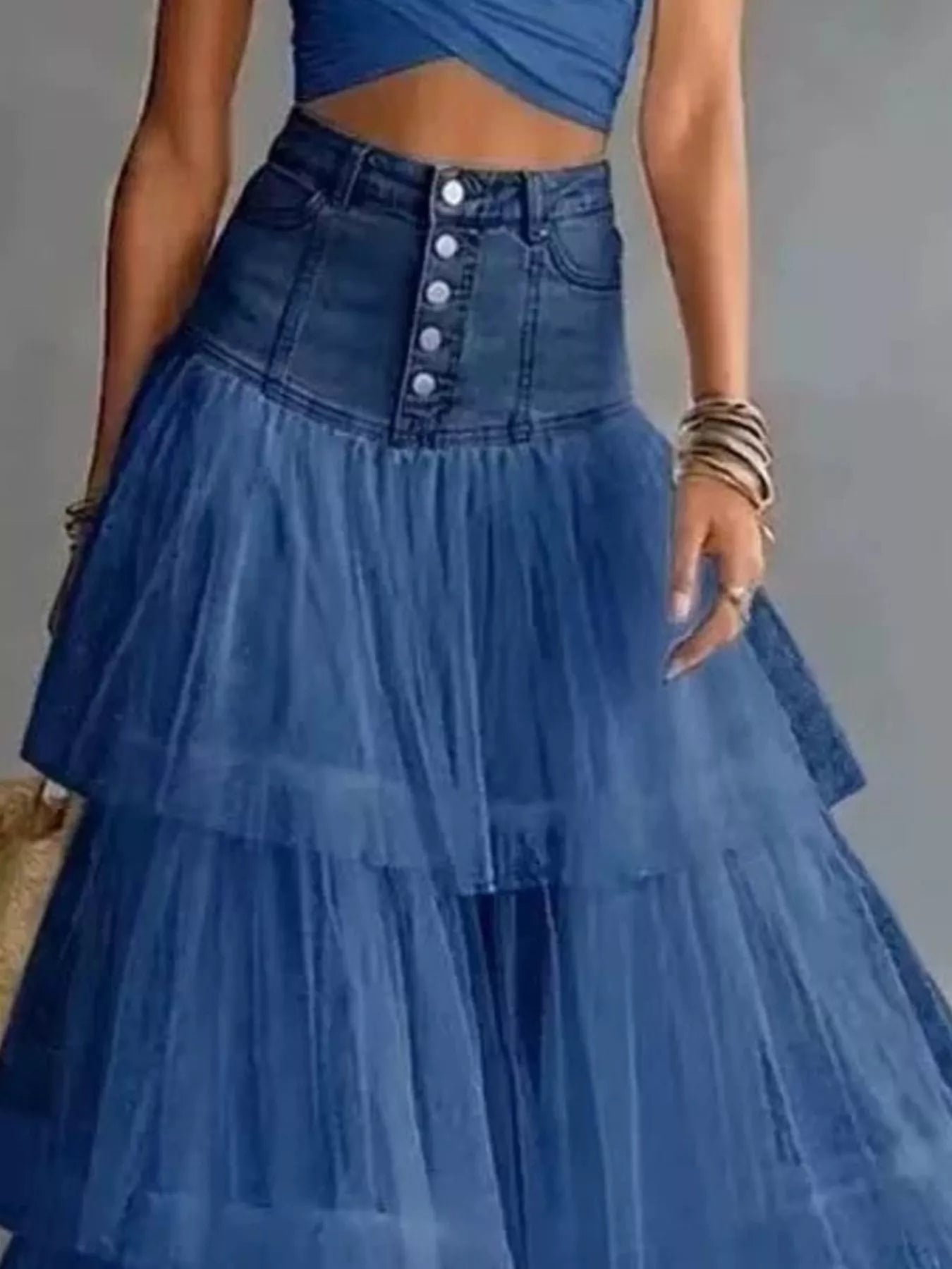High-Waisted Button-Front Denim and Tulle Maxi Skirt