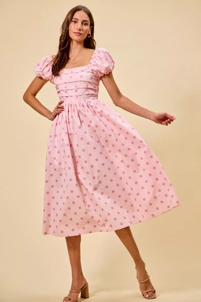 SO ME Polka Cotton Print Short Sleeves Midi Dress