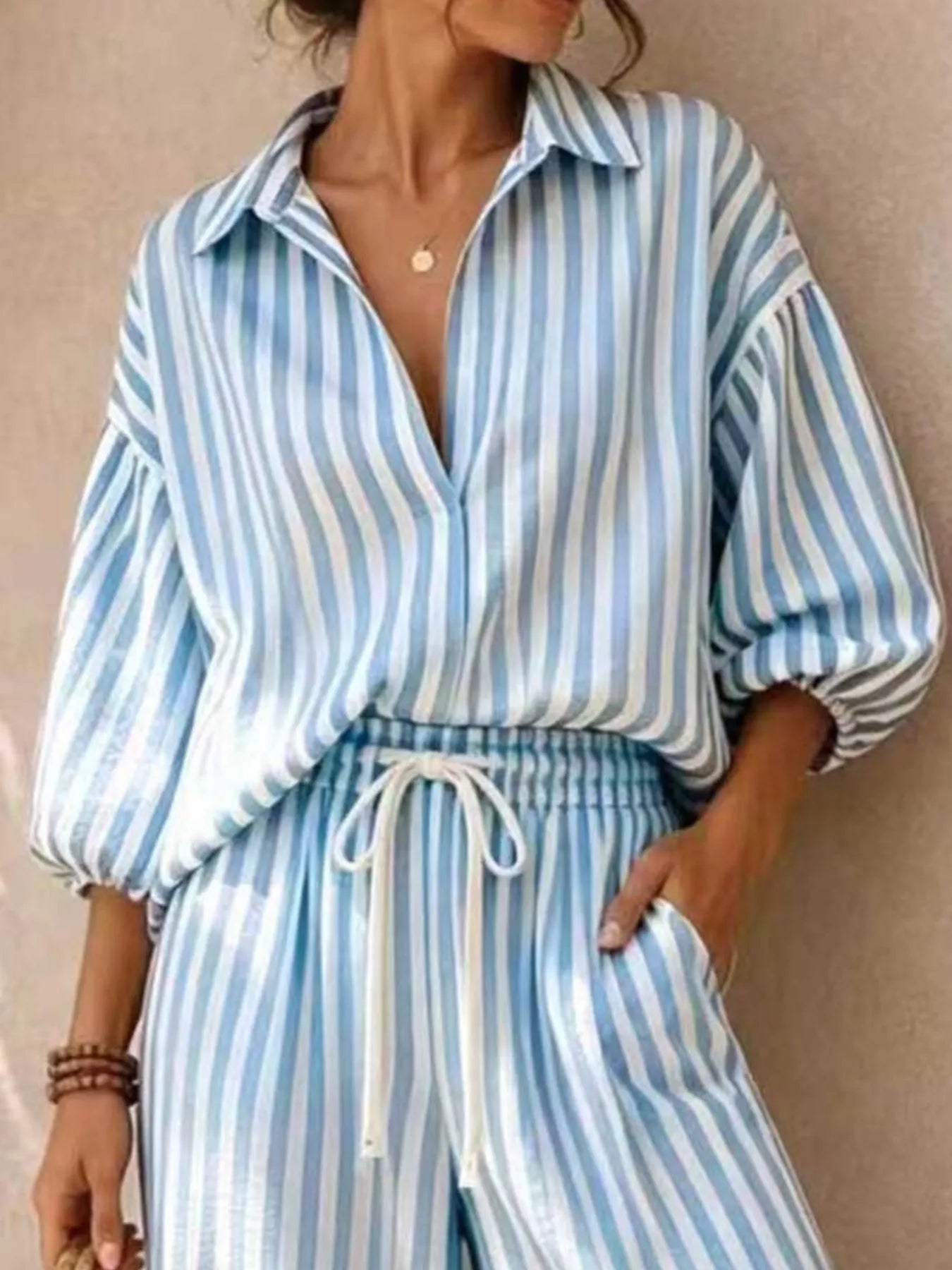 : Plus Size Striped Puff Sleeve Shirt & Wide-Leg Pants Set