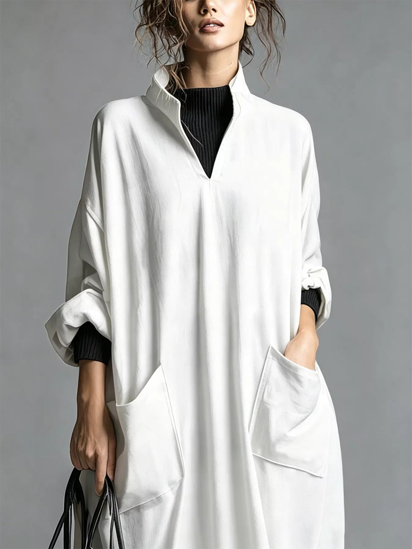 Full Size Loose-Fit Mock Neck Midi Dress with Pockets Plus Size