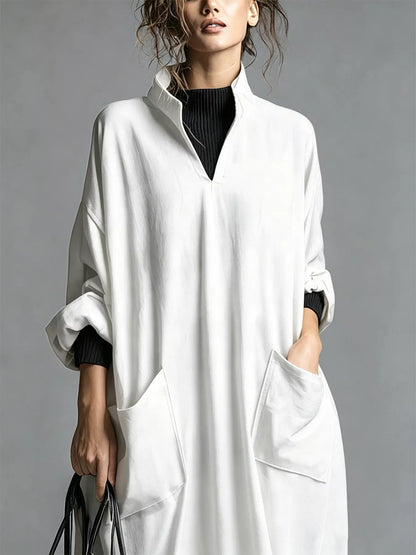 Full Size Loose-Fit Mock Neck Midi Dress with Pockets Plus Size