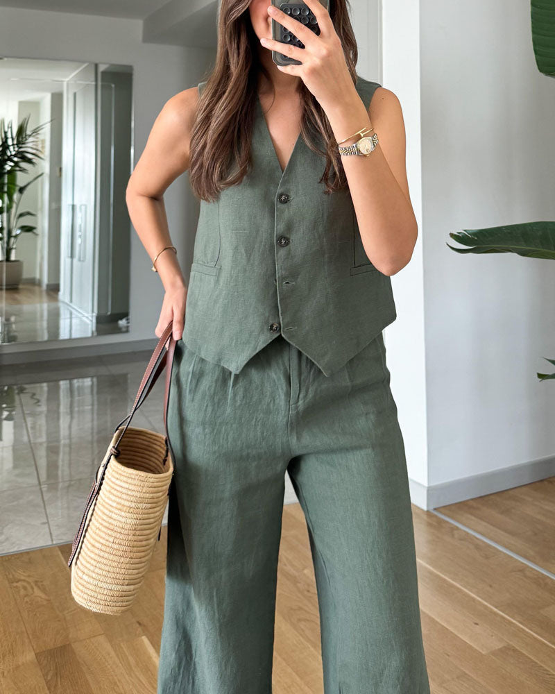 Casual Solid Color Vest & Pants Two-piece Set