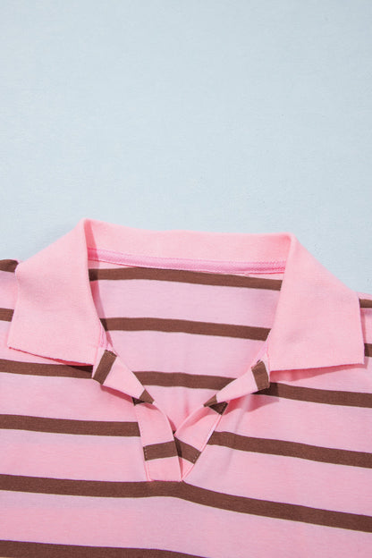Pink Stripe Striped Long Sleeve Collar Shift Top