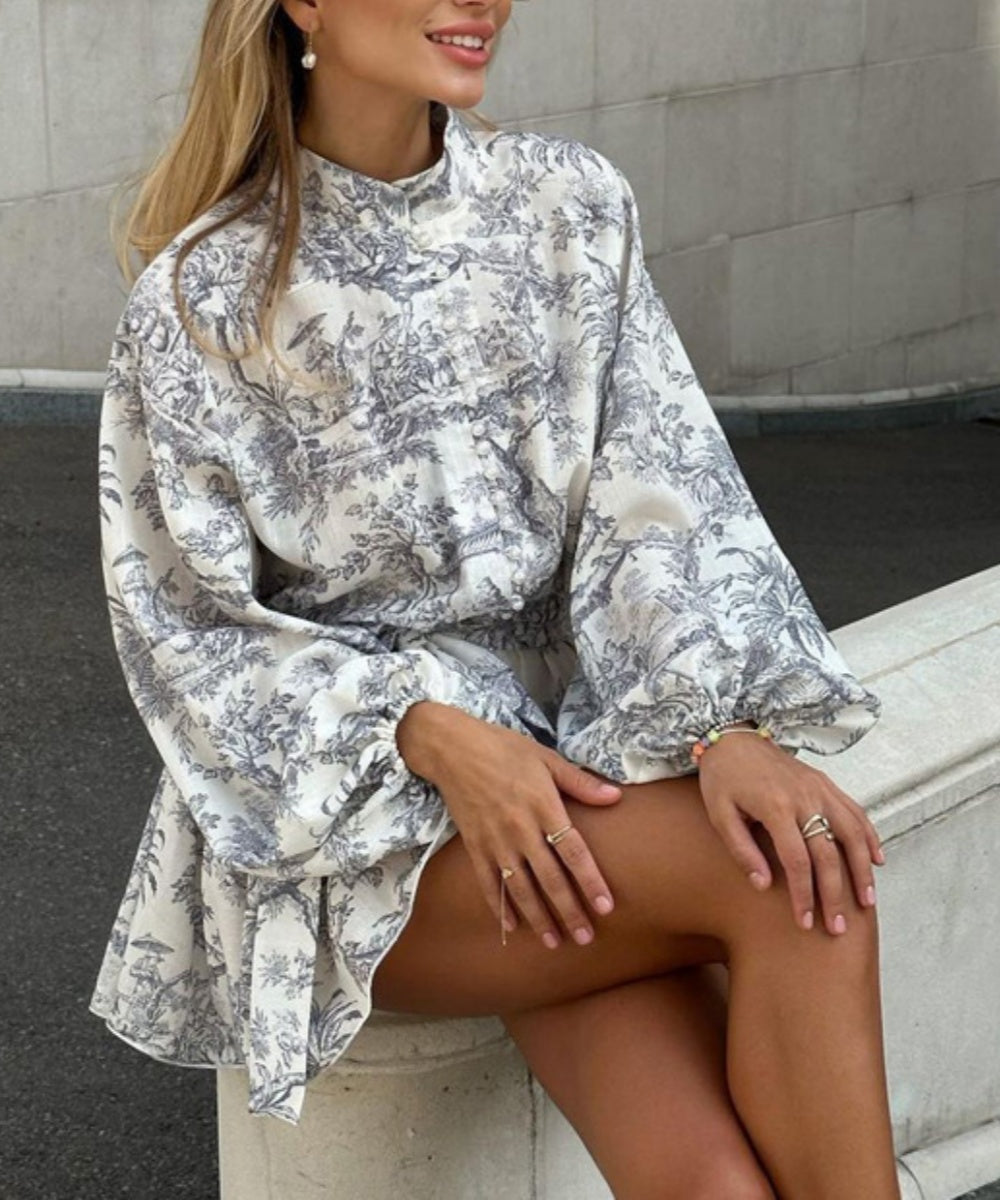 Seaside Print Puff Sleeve Mini Dress