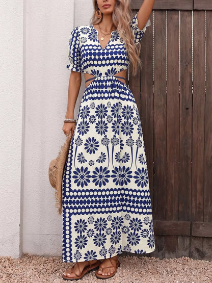 Floral Print Cutout Waist Maxi Dress
