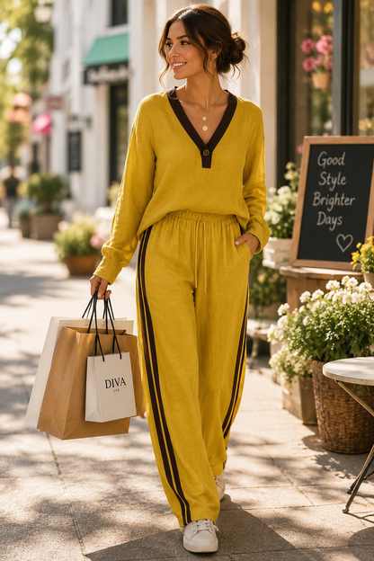Contrast V-Neck Top and Striped Pants Set | Diva USA
