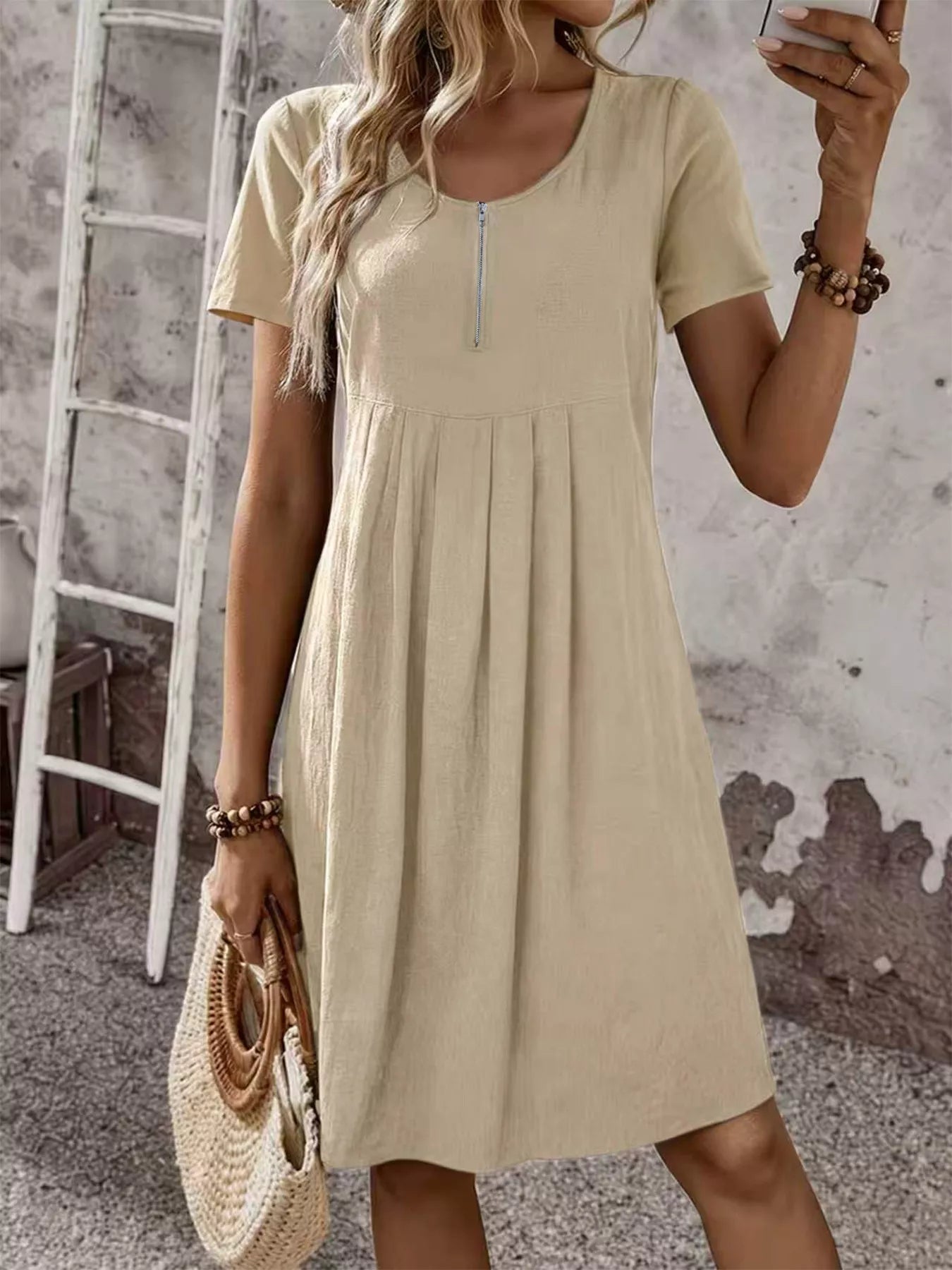 Zipper-Front Short Sleeve A-Line Dress