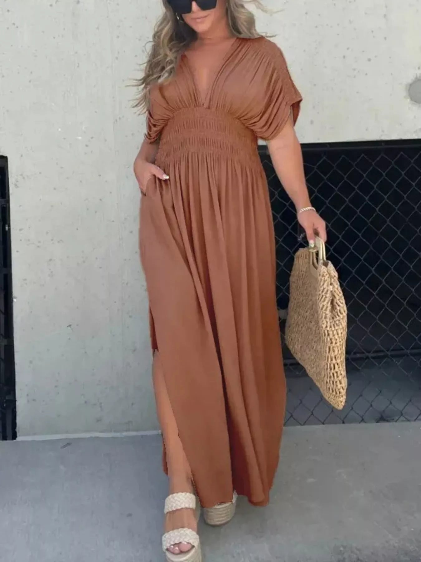 Full Size Slit V-Neck Smocked Waist Maxi Dress Plus Size