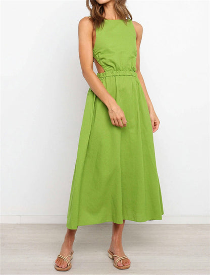 Solid Color Linen Backless Dress