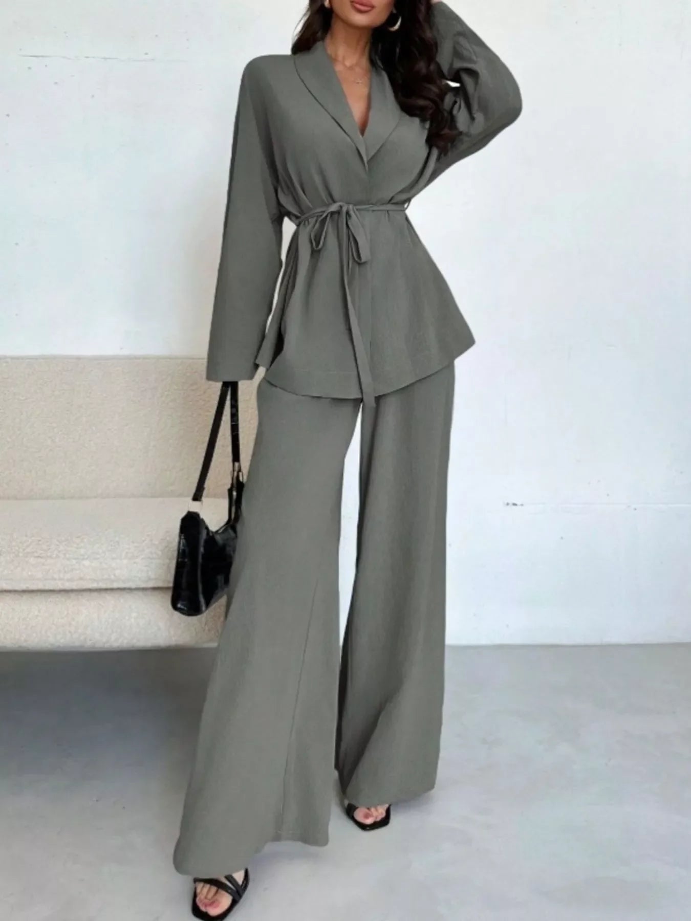 Textured Tie Waist Top and Wide-Leg Pants Set