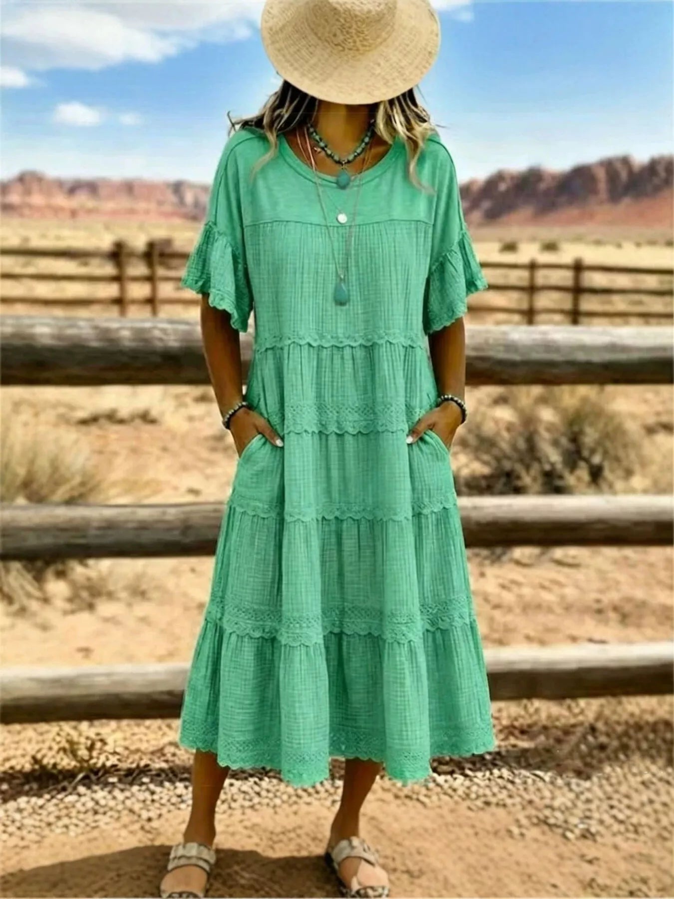 Plus Size Tiered Ruffle Sleeve Midi Dress with Pockets