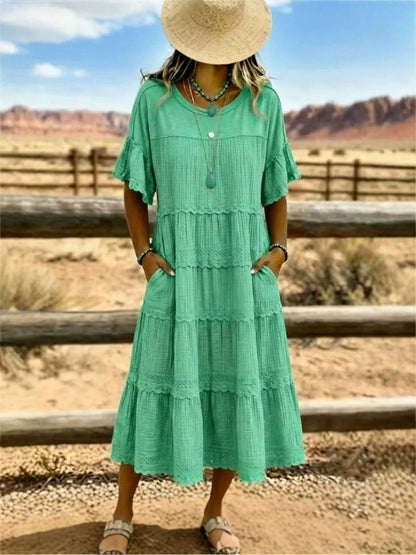 Plus Size Tiered Ruffle Sleeve Midi Dress with Pockets