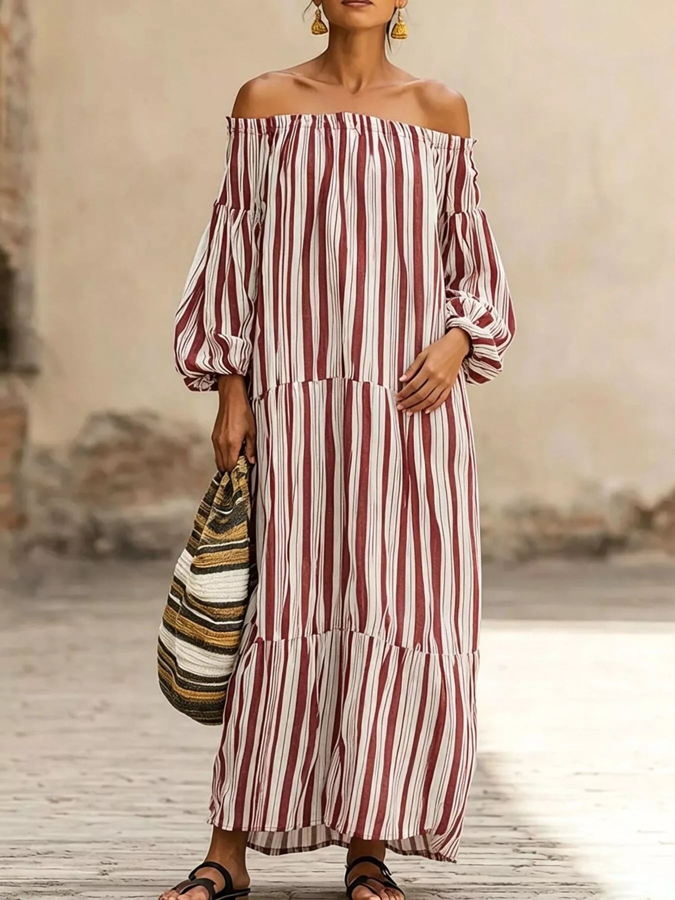 Off-Shoulder Striped Maxi Dress