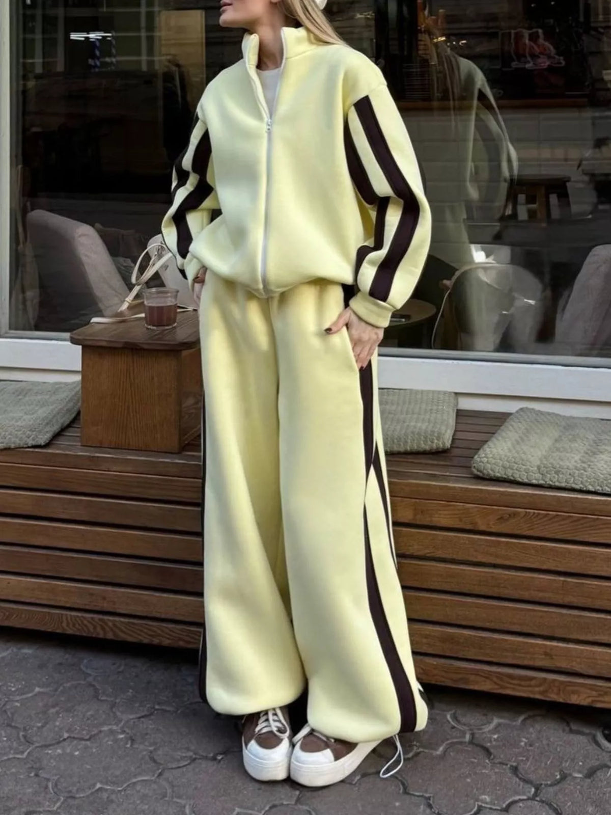 Contrast Striped Zip Up Top and Pants Set