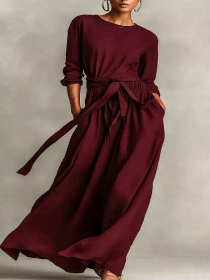 Full Size Long Sleeve Tie Waist Maxi Dress Plus Size