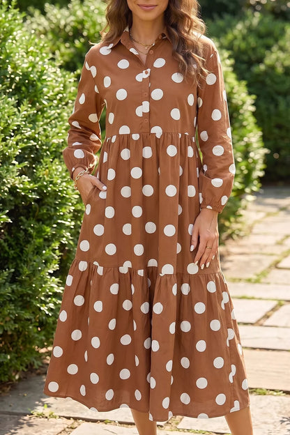Heda's Polka Dot Button Front Long Sleeve Shift Dress