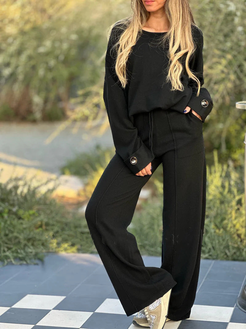 Casual Solid Color Long-Sleeved & Wide-Leg Pants Two-Piece Set