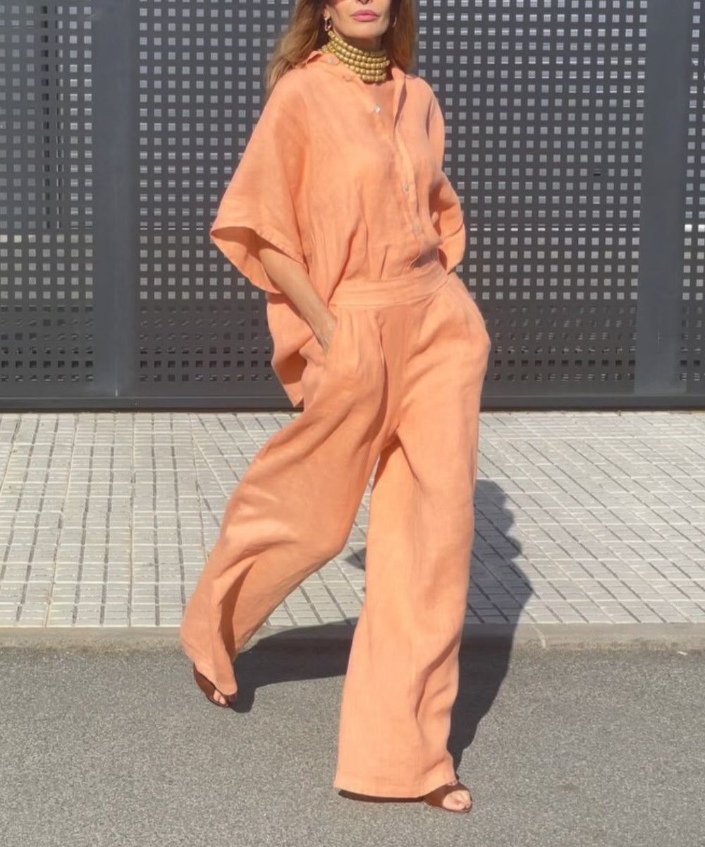 Casual Linen Orange Two-piece Suit