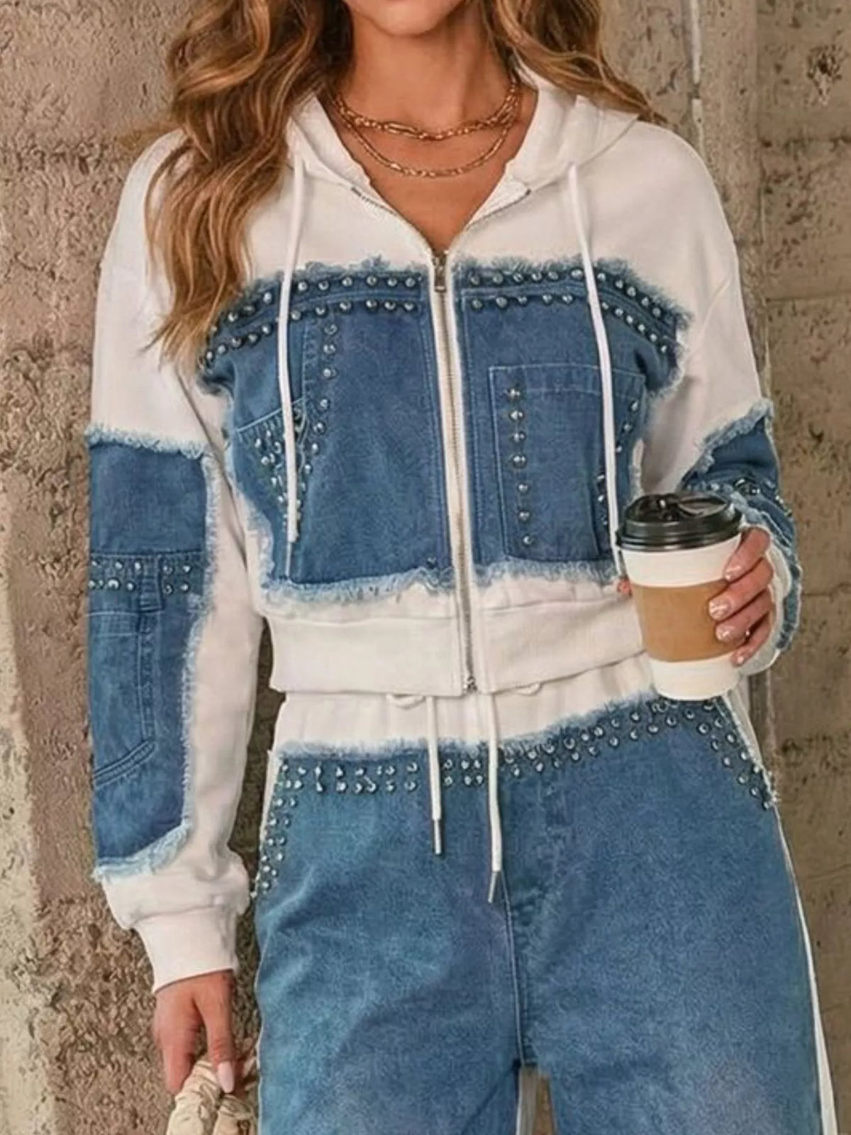 Full Size Studded Denim Patchwork Hoodie and Joggers Set Plus Size