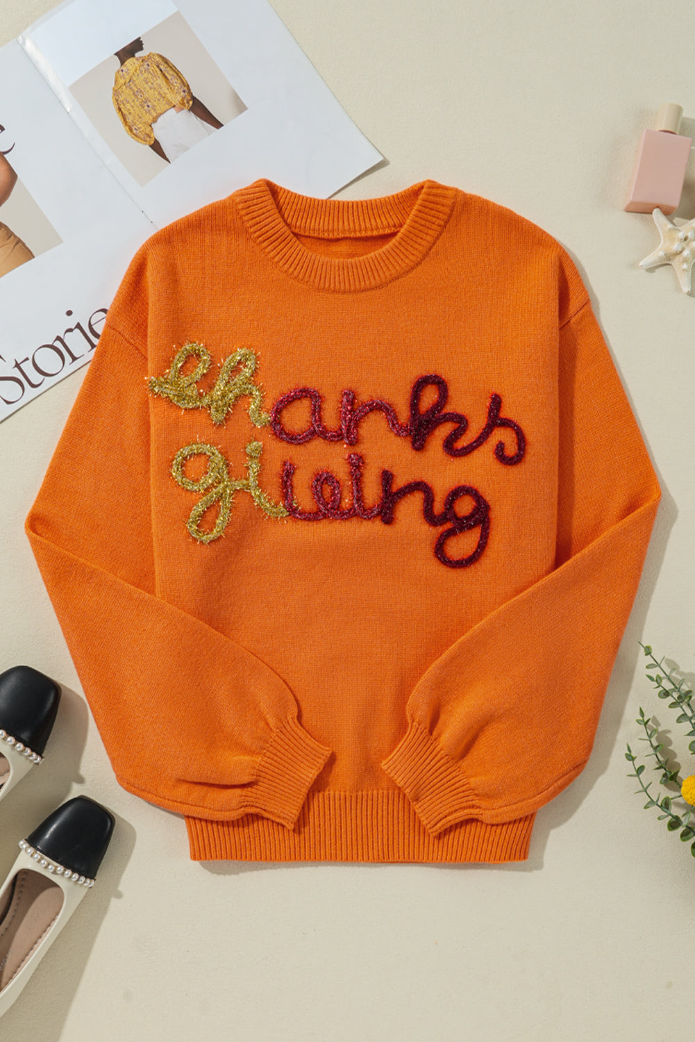 Blue Zone Planet | Thanksgiving Round Neck Dropped Shoulder Sweater