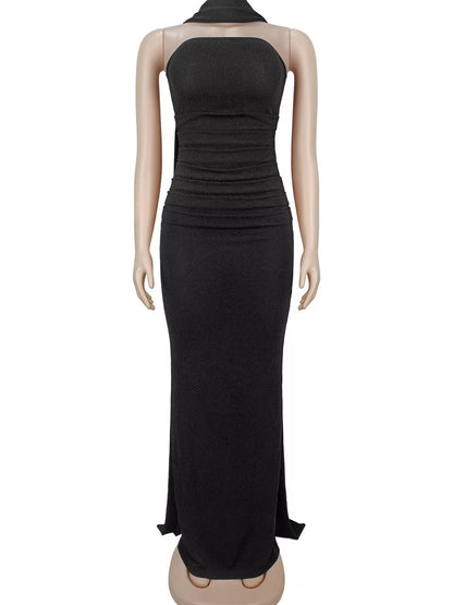 Slit Glitter Tube Maxi Dress with Scarf
