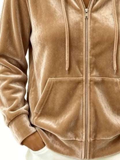 Full Size Velvet Zip-Up Hoodie with Drawstring Plus Size