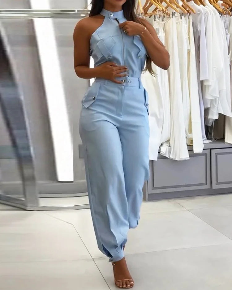 Costume tendance à col rond et fermeture éclair