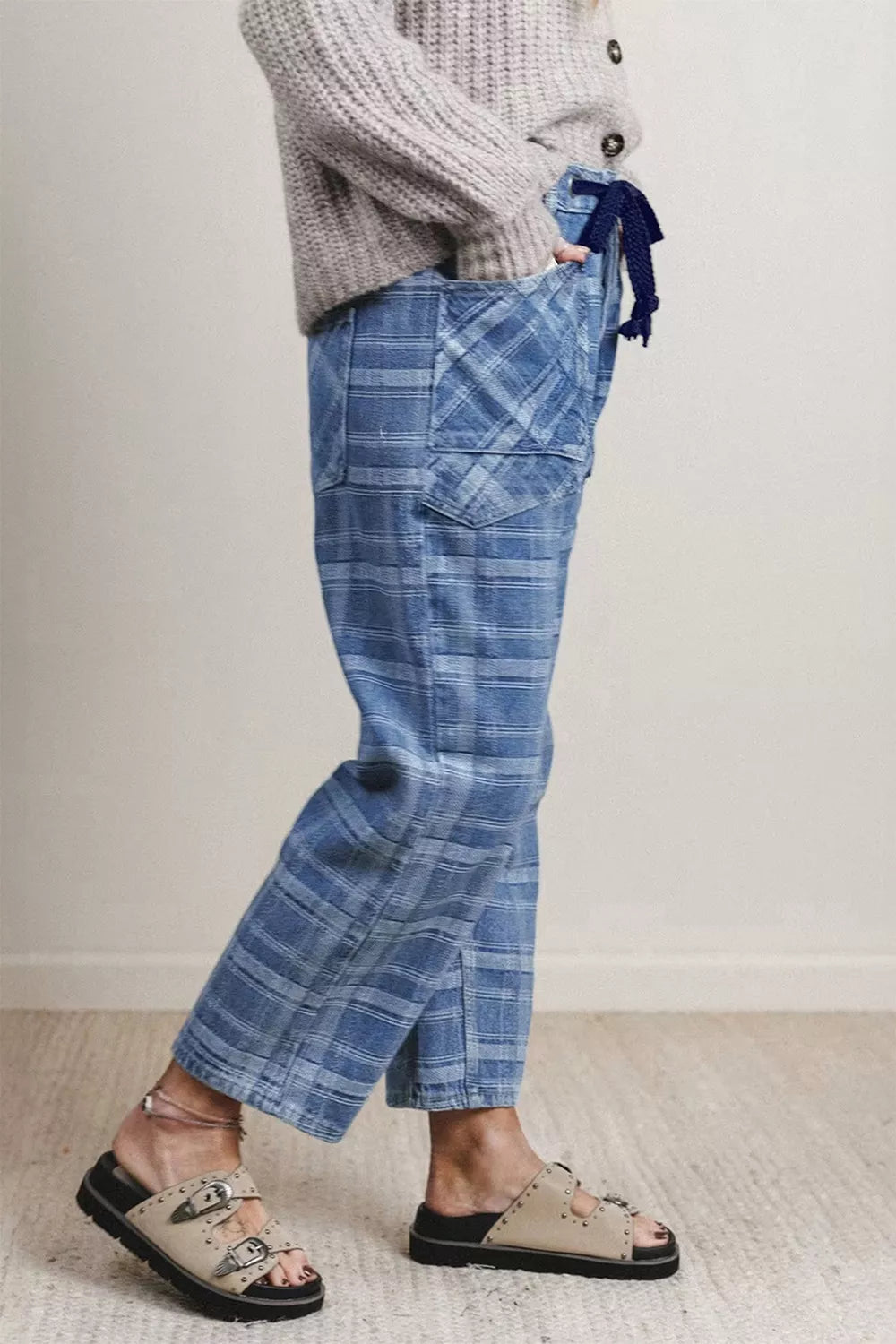 Plaid Denim Grommet Drawstring Waist Ankle-Length Jeans