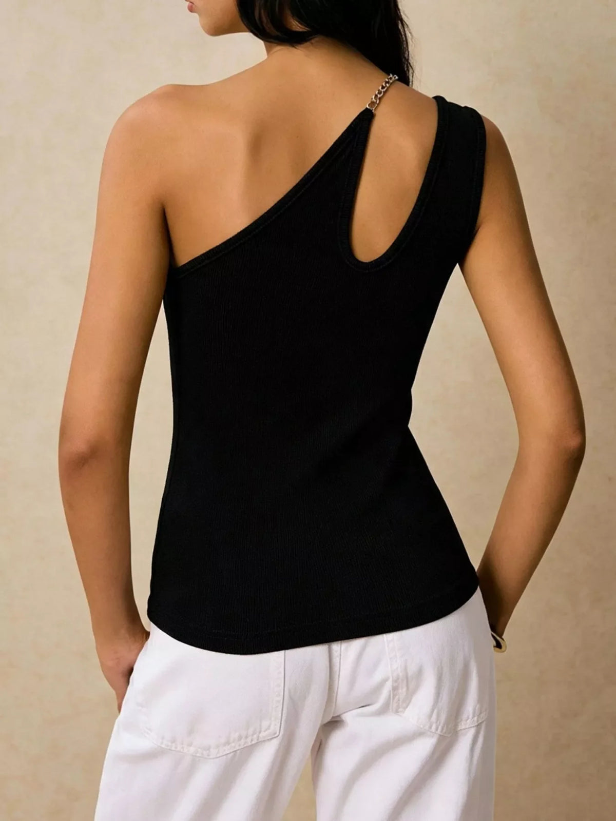 Cutout Asymmetrical Chain Strap Ribbed Tank