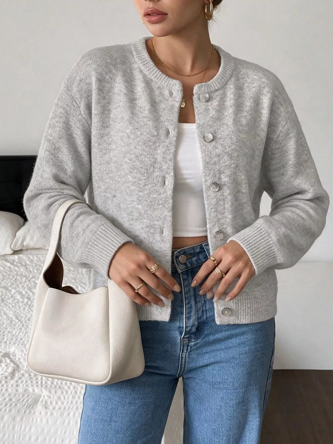 Crew Neck Button-Down Cardigan