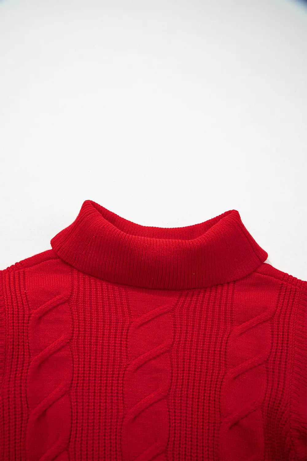 Cable Knit Turtleneck Ruffled Short Sleeve Sweater
