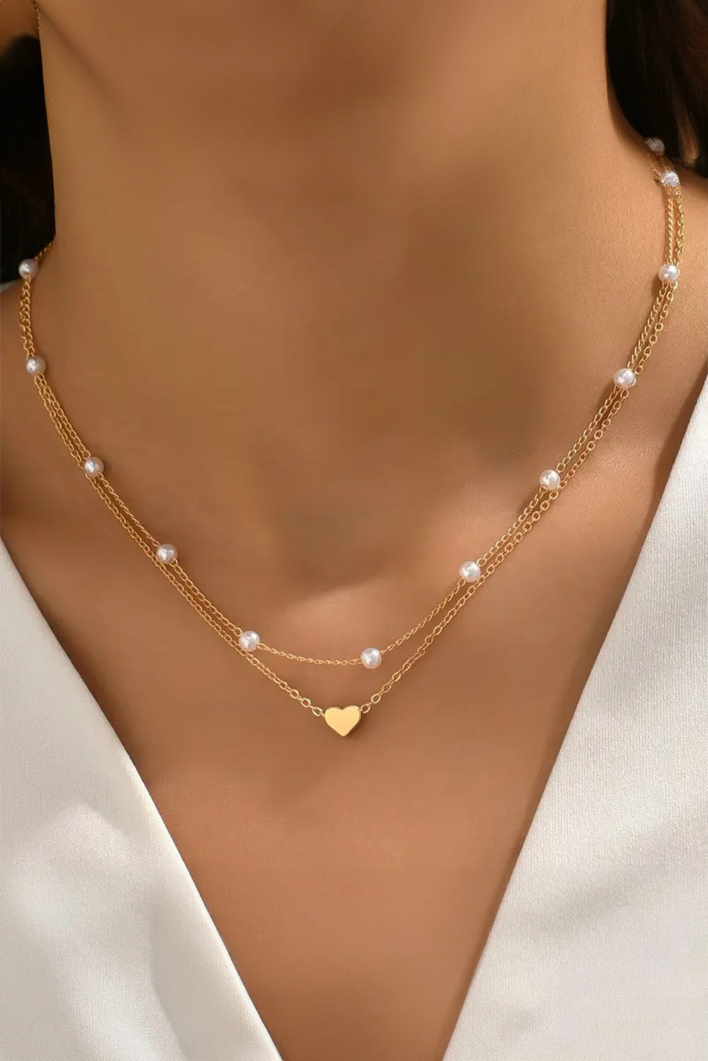 Gold Plated Heart And Pearl Detail 2Pcs Layered Necklace